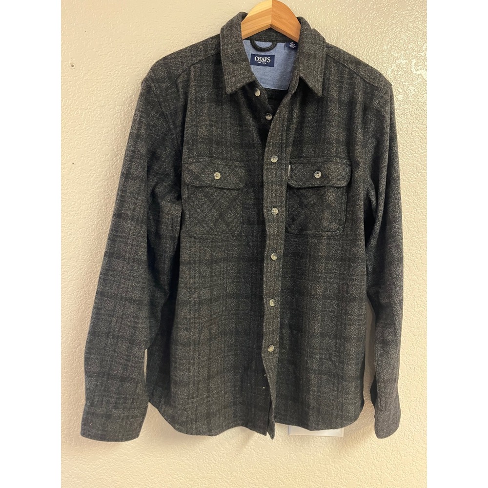 Chaps Mens Gray Black Plaid Flannel Button Down Shirt Medium 1717066